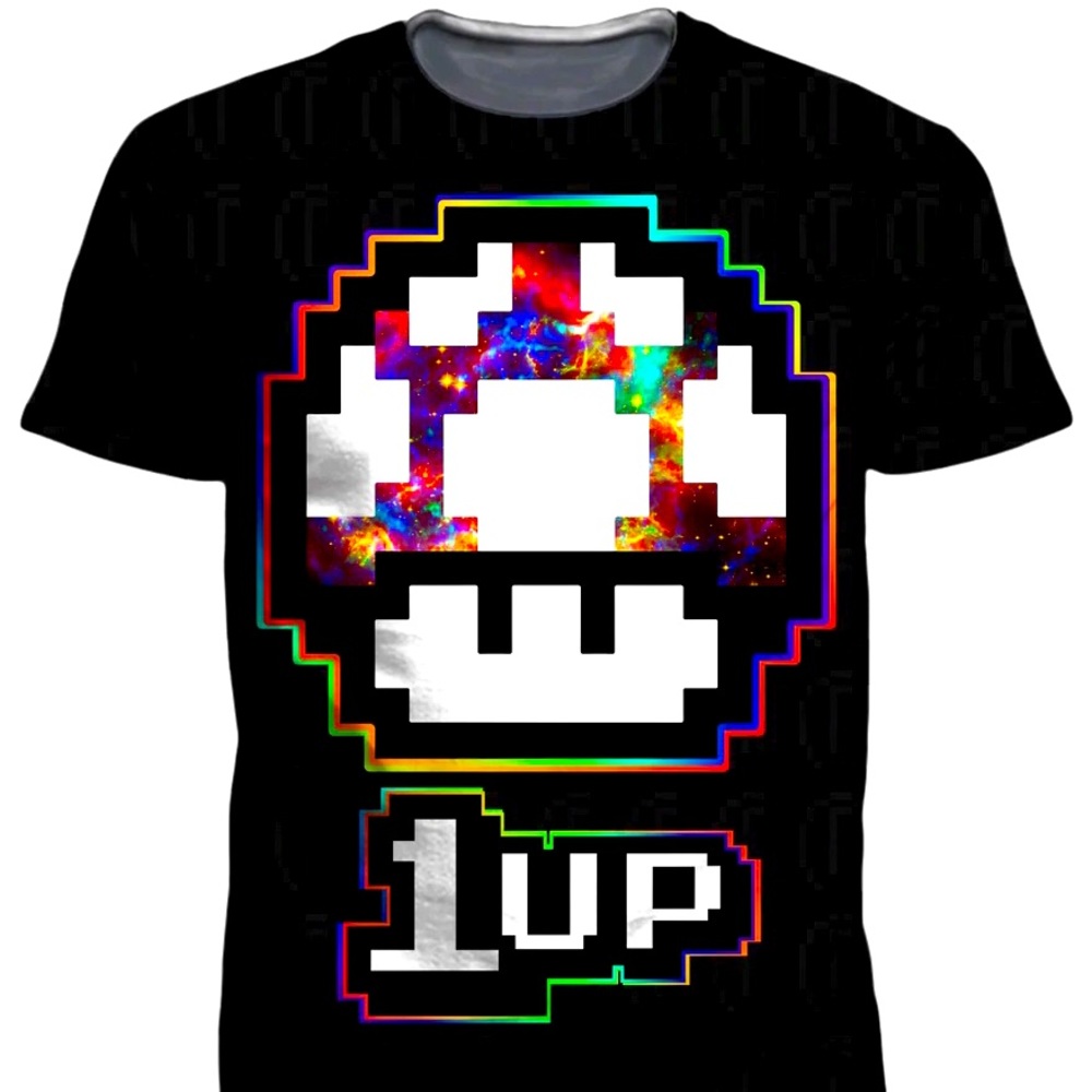 Level 1 Up Mushroom Mens T Shirt Black/ Multicolored Outline Xxl
